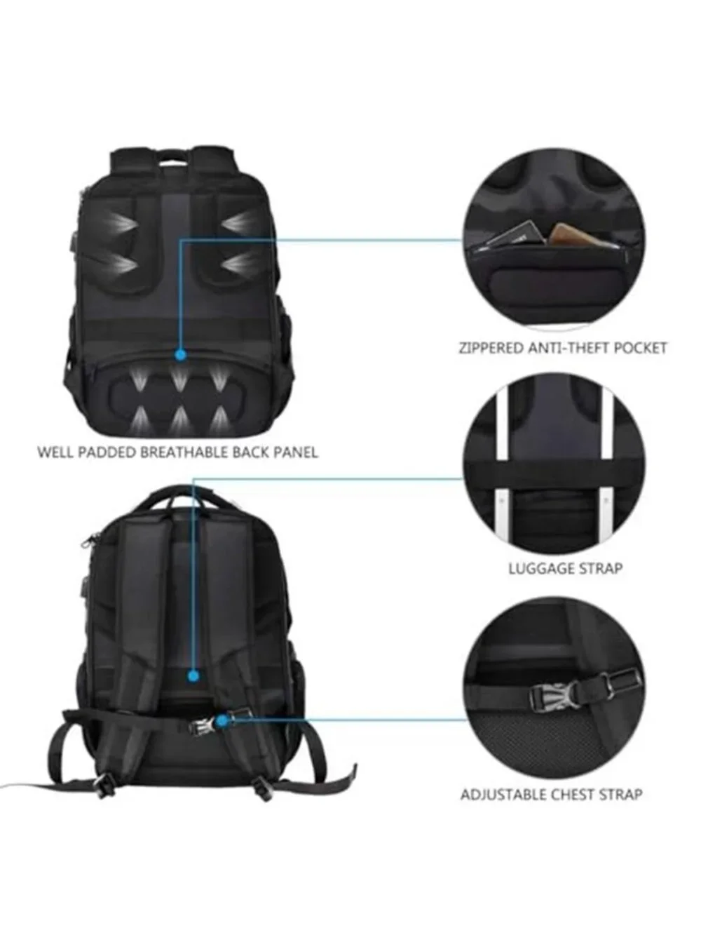 Laptop Backpack 17 Inch Large Travel Business Bag RFID USB Water Resistant Black